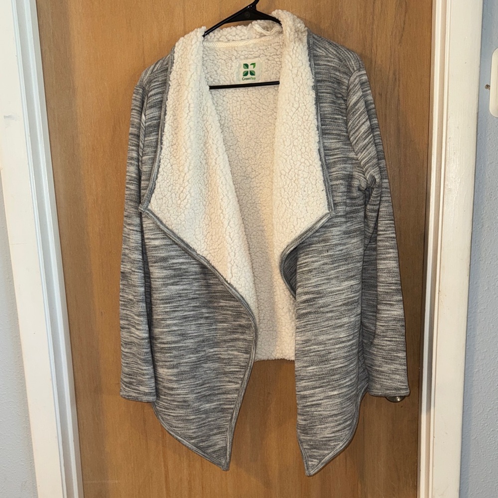 GreenTea Gray Knit Open-Front Cardigan  Sweatshirt Sherpa Lining Size Large